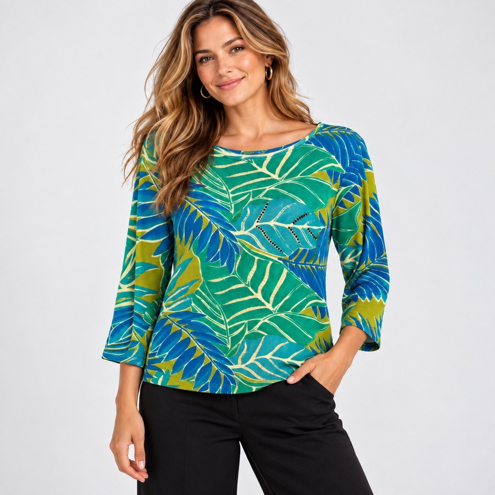 Faith Womens M Tropical Leaf Rhinestone Top 3/4 Sleeve Green Blue Y2K Resort Tee